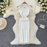 Pbong  Skinny Knit Dresses Summer Women's Dress New Korean women's O-neck Solid sleeveless Hollow Out Sexy Midi wrapped knit dress