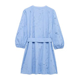 Lantern Sleeve O- Neck Blue Women Dress Cotton Blend Embroidery Hollow Out Summer Dress With Belt Elegant casual Female Clothing