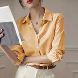 Pbong  Elegant Long Sleeve Loose Shirt Women  Autumn Fashion Turn-down Collar Striped Print Blouses And Tops
