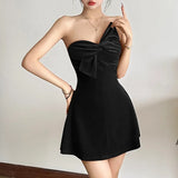 Pbong  Sexy Bow Strapless Dresses for Summer Women's Dress New SKinny High Waist Solid Fashion Slash Neck A-line Mini Dress Woman