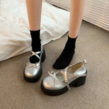Pbong  Knot High Heel Mary Jane Single Shoes Women's Summer New Japanese Style JK Heightening French Leather Shoes Women