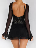 V-Neck Mesh Sequined Bling Backless Dress