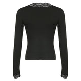 Black Lace Trim V-Neck T-Shirt Women Solid Slim Basic Long Sleeve Top Tees All-Match Autumn New