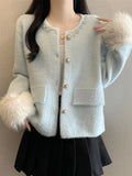 Elegant Pearls Sweet Cardigan Women Vintage O Neck Faux Mink Cashmere Knitted Sweaters Korean Casual Long Sleeve Loose Tops