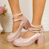 Pbong  Luxury Women High Heels Elegant Square Toe Women Mary Jane Shoes Pearl Lace Party Wedding Shoes Fashion Platform Women Pumps