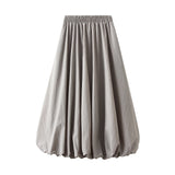 Pbong  Women's Elegant Elastic High Waist Solid Color A-Line Pleated Puffball Hem Casual Flowy Balloon Bud Midi Skirts