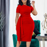 Pbong  Women Summer Short Sleeve Fashionable Pleated Elegant Band Collar Dress Trendy Pure Color Polyester Fabric