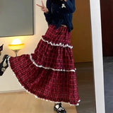 New Year's Christmas Vintage High Street Red Plaid Women Long Skirt Korean Style Fashion Sweet Y2k High Waist Ruffles Cake Skirt