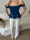 Pbong  Teal Off Shoulder Corset Lace Up Peplum Bustier Top Solid Color Side Summer Chic Sexy Women  Club Date Casual Office Top