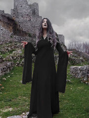 Goth Dark Velvet Vampire Witch Mall Gothic Long Dresses Vintage Elegant Grunge Lace Patch Dress Flare Sleeve Halloween Partywear
