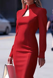 Pbong  Elegant Long Sleeve Bodycon Dress Autumn Winter New Style High Collar Shoulder Pad Cotton Wrap around Skirt Formal Dress