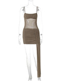 Splice Mesh Sexy Suspender Dress Women Fashion Slim Ruched Ribbon Mini Dress New See Through Female Summer Dress