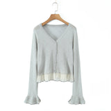 Patchwork Knitting Spring Summer Cardigan Top Women's V-neck Button Solid Casual Thin Jacket Flare Sleeve Ruffle All-match Coat