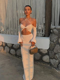 Sexy Knitted Sling Bikini Long Skirts Woman's Set Casual Slim Solid Lace Up Tube Tops Slit Skirt Sets Female Summer Beach Party