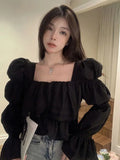 Preppy Youthful Elegant Cropped Blouses Women Korean Dongdaemun Puff Long Sleeve Ruffle Top Luxury High Quality 2024