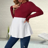 Pbong  Pregnant Women's Fashionable Solid Color Round Neck Splicing Long Sleeved T-shirt Soft Comfortable Pregnant Breastfeeding Top
