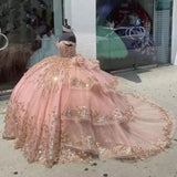 Pbong  Customized Pink Beaded Crysta Princess Quinceanera Dress Lace Appliqued Shiny Luxury Women Pageant Dress Vestidos De 15 Años