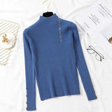 Ribbed Knit Top for Women Pullovers Button Decor Mock Neck Sweater Stretchy Long Sleeve Fitted Jumper Teen-girl Fall Winter