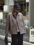 Solid High Neck Double Button Topcoat Dropped Shoulder Loose 2025 Autumn Short Elegant Jacket Women Urban Casual Lady Outerwear