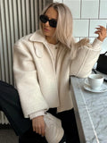 Chic Contrast Spliced Lapel Women's Lamb Wool Jacket Casual Zipper Thick Long Sleeve Coat New Ladies Warm Commute Outerwear