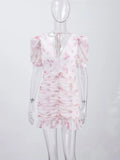 Pbong   Sexy Print Pleated Patchwork Women Dress V-neck Backless Lace Up Button Short Puff Sleeve Female Dresses Summer Lady Robe