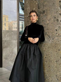 Elegant Black Patchwork Full Sleeves Long Dress Fashion Solid Velvet Slim Fit Pleated Hem Maxi Dresses New Woman Club Party Robe