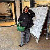 Solid High Neck Double Button Topcoat Dropped Shoulder Loose 2025 Autumn Short Elegant Jacket Women Urban Casual Lady Outerwear