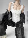Women's Sweet Girl White Lace Knitted Crop Top Korea U-Neck Spaghetti Straps Tank Top 2025 Summer Female White Lace Stretch Cami