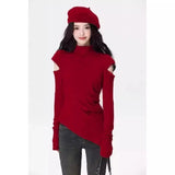 Personality Hollow Out Design Base Sweaters Harajuku Japan Y2k Aesthetic Half High Collar Tops Korean Asymmetrical Clothes