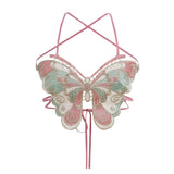 Women Summer Sleeveless Crisscross Tie Backless Sexy Camisole Butterfly Embroidery Halterneck Bras Festival Crop Top