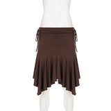 Pbong  Vintage Lace Up Knitted Irregular Hemline Brown Skirts Women Daily Casual All Match Low Waist Knee-length Bottom Wear Summer New