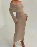 Women's Summer Slash Neck Sunscreen Maxi Dress Chic Long Sleeve Bodycon Knitted Vestidos Female Elegant Holiday Beachwear