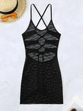Hollow Out Drawstring Sexy Halter Bikini Cover Up Women Black Beach Skirt Swim Dress Bathing Suit Swimsuit Swimwear