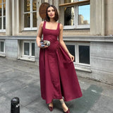 French Retro Style A-line Backless Strap Dress Solid Color Eleagant Chic Square Collar Party Dress 2025 New Female Vestidos