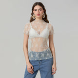 Women Lace Tops Short Sleeve Crew Neck See-through Sheer T-shirt Summer Casual Tee Shirts Clubwear