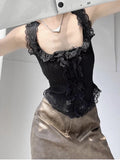 Women's Sweet Girl White Lace Knitted Crop Top Korea U-Neck Spaghetti Straps Tank Top 2025 Summer Female White Lace Stretch Cami