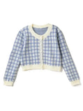 Women Checkerboard Crop Knit Cardigan Sweater Long Sleeve Button-up Box-fit Plaid Knit Top Teenage Girls Outfit