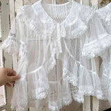 Pbong  Japanese Elegant Vintage Lolita Blouses Women Gothic Ruffles Bunny Ear Short Shirt Coat Kawaii Sweet Chiffon Thin Jsk Inside Top