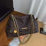 Pbong  Vintage Leopard Print Chain Handbag Shoulder Bag, Soft Fabric Tote with Gold Tone Strap Stylish Crossbody Purse for Women Daily
