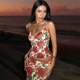 Fashion Red Flower Print Bodycon Long Skirt Set Women Backless Sleeveless Tank Tops High Waist Skirts Sexy Beach Vocation Outfit