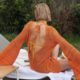 Knit Loose Flare Sleeves Sexy Backless Summer Dress Fashion Bikini Hollow Crochet Cover Up For Women Vacation Sheer Mini Dress