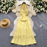 Chic Sexy V-neck Plaid halter Ruched Fairy A-line loose Summer  Women Boho Sundress  women clothing