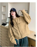 Women Faux Suede Y2K Jacket Streetwear Loose Long Sleeve Vintage Coat American Casual Harajuku Retro Stand Collar Fall Tops