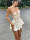 Vintage Strapless Bandage Corset Mini Dress for Women Elegant Sleeveless Off-Shoulder Patchwork Short Party Dresses