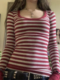 Pbong  Women's Fall Ribbed Tops Stripe Long Sleeve Scoop Neck Shirt Casual Slim Fit T-shirts