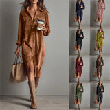 Pbong  New Fall Retro Solid Ribbed Corduroy Dress Woman Elegant Single Breasted Lapel Shirt Dresses Long Sleeve Slit Clothing