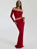 Fashion Skirt Two Piece Set For Women Off-shoulder Sheer Long Sleeve Crop Tops And Long Skirt Sexy Two Piece Sets