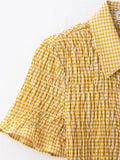 Yellow Plaid Mini Dress Single Breasted Slim Short Dresses For Women 2025 New Turndown Collar Short Sleeve Casual Dress Summer