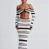 Sexy Knitted Sling Bikini Long Skirts Suit Women Casual Strap Lace Up Tube Tops + Skirt 2 Pieces Set Female Summer Beach Outfit