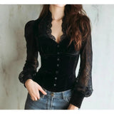 Pbong  Elegant Sexy Square Collar Lace Patchwork Long Sleeve Women's Flavor Base Shirt Top Trendy Hollow out Autumn Winter New Arrival